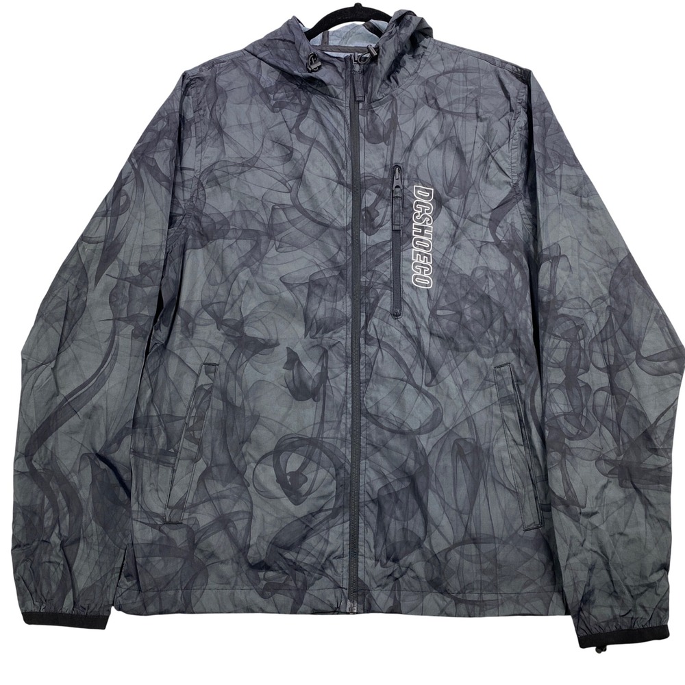 DC Shoes Mens Windbreaker‎ Jacket Gray Smoke Print Lightweight Hooded Coat